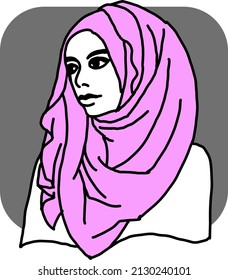 Young Arab woman with beautiful face in traditional fashion hijab head wear. Hand drawn isolated colourful vector illustration. 