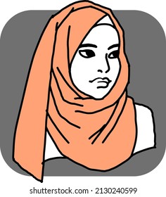 Young Arab woman with beautiful face in traditional fashion hijab head wear. Hand drawn isolated colourful vector illustration. 