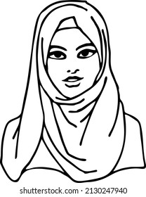 Young Arab woman with beautiful face in traditional fashion hijab head wear. Hand drawn isolated black and white line vector illustration. 