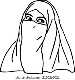 Young Arab woman with beautiful face in traditional fashion niqab head wear. Hand drawn isolated line vector illustration. 