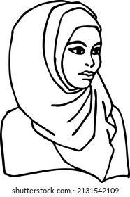 Young Arab woman with beautiful face in traditional fashion hijab head wear. Hand drawn isolated simple vector  illustration. 