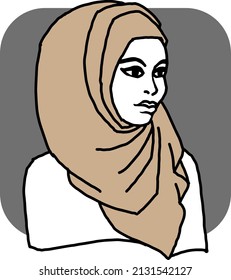 Young Arab woman with beautiful face in traditional fashion hijab head wear. Hand drawn isolated simple vector  illustration. 