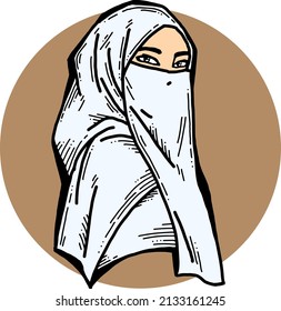 Young Arab woman with beautiful face in traditional fashion niqab head wear. Hand drawn isolated colorful retro vintage vector illustration. Old style school comics cartoon  drawing.