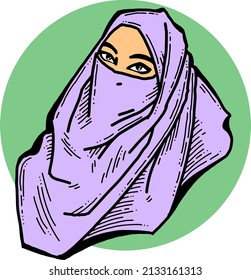 Young Arab woman with beautiful face in traditional fashion niqab head wear. Hand drawn isolated colorful retro vintage vector illustration. Old style school comics cartoon  drawing.