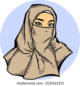 Young Arab woman with beautiful face in traditional fashion niqab head wear. Hand drawn isolated colorful retro vintage vector illustration. Old style school comics cartoon  drawing.