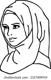 Young Arab woman with beautiful face in traditional fashion hijab head wear scarf. Hand drawn isolated colourful vector illustration. Simple black line art drawing.