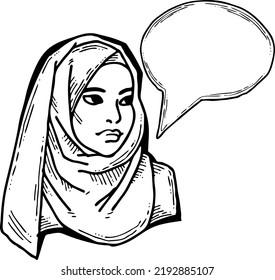 Young Arab woman with beautiful face tell message. Wear traditional fashion niqab head wear. Hand drawn comic cartoon style illustration. Line art vector drawing.