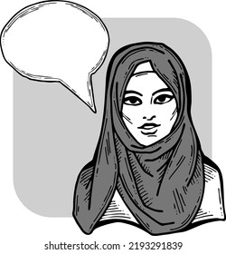 Young Arab woman with beautiful face tell message. Wear traditional fashion niqab head wear. Hand drawn comic cartoon style illustration. Line art vector drawing.