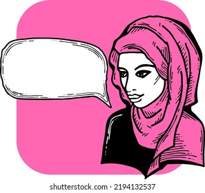 Young Arab woman with beautiful face tell message. Wear traditional fashion niqab head wear. Hand drawn comic cartoon style illustration. Line art vector drawing.
