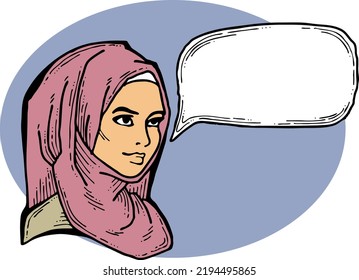 Young Arab woman with beautiful face tell message. Wear traditional fashion niqab head wear. Hand drawn comic cartoon style illustration. Line art vector drawing.