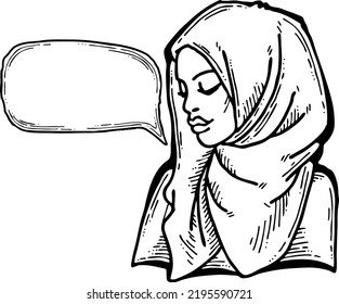 Young Arab woman with beautiful face tell message. Wear traditional fashion niqab head wear. Hand drawn comic cartoon style illustration. Line art vector drawing.