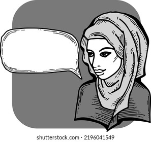 Young Arab woman with beautiful face tell message. Wear traditional fashion niqab head wear. Hand drawn comic cartoon style illustration. Line art vector drawing.