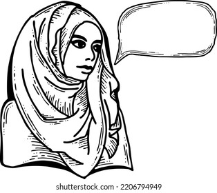 Young Arab woman with beautiful face tell message. Wear traditional fashion niqab head wear. Hand drawn comic cartoon style illustration. Line art vector drawing.