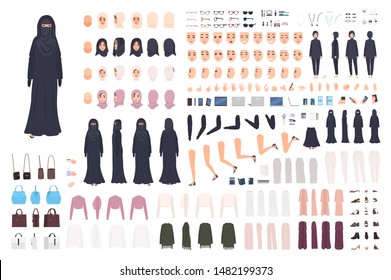 Young Arab woman in burqa constructor set or animation kit. Bundle of female character body parts, emotions, traditional Islamic clothes isolated on white background. Flat cartoon vector illustration.
