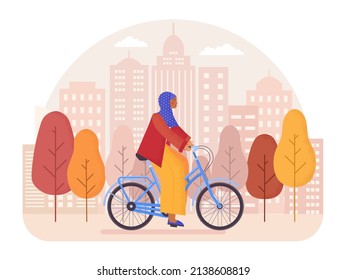Young arab woman in hijab riding bicycle in city park. Scene with eco friendly active female cycling around city. Muslim girl uses modern urban transport in ecological and convenient green city. svg