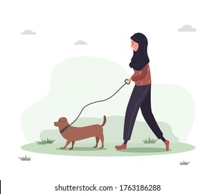 Young arab woman in hijab walks with dog through the woods. Concept happy girl in yellow dress with dachshund or poodle. Vector illustration in flat style.
