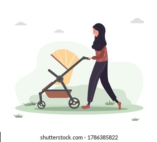 Young arab woman walking with her newborn child in an pram. Girl on a walk with a stroller and a baby in nature in the open air. Vector illustrations in flat style.