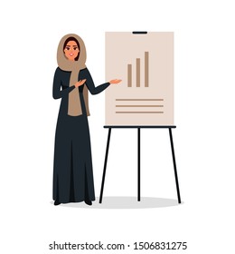 Young Arab woman working in the office. A Saudi woman makes a presentation and points to a chart Board. Color vector illustration in flat cartoon style.