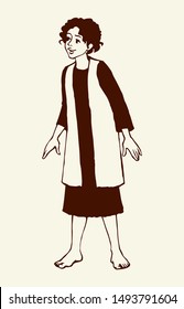 Young arabia uae israeli medieval nomad iranian syrian man in old male judaic syria ethnic white robe tunic. Black line hand drawn happy smile holy girl icon symbol sketch in retro art graphic style