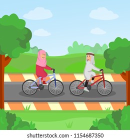 Young Arabian Couple Riding Bicycle Together in Park, Flat Vector Illustration
