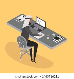 Young arabian man character working on a computer. Programmer programming soft and write script code. Trendy flat style. Vector illustration.