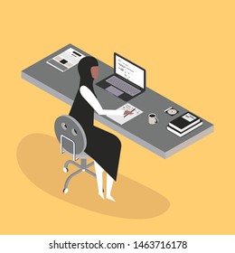 Young Arabian woman character working on a computer. Programmer programming soft and write script code. Trendy flat style. Vector illustration.