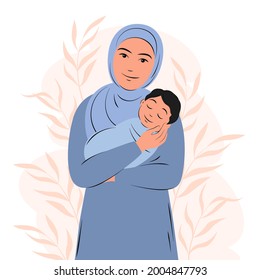 Una joven mujer arabia sostiene a un bebé recién nacido. Niña musulmana con traje tradicional. Salud, cuidado, embarazo, concepto de maternidad, Feliz Día de la Madre. Ilustración vectorial plana.