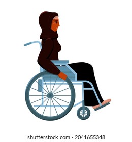 Young arabian woman in wheelchair isolated on white background. Handicapped girl. Vector illustration in flat style. 
