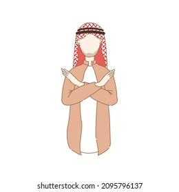 Young Arabic  attractive sad man showing crossing arms and saying no gesture. Cool Islamic unhappy male expressing X shape, stop sign with hands negative expression. Isolated flat vector illustration