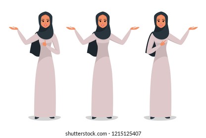 Young Arabic business woman wearing hijab presenting something with two hands.set of arab girl in various poses: wide-open arms, welcoming posture, demonstrates something. vector illustration 