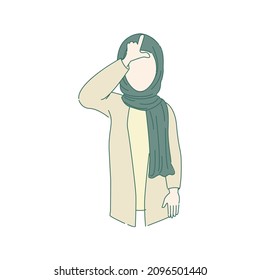Young Arabic hijab woman showing loser gesture with L on forehead concept. Islamic female making the L sign on forehead for loser message. Isolated cartoon vector illustration on white background