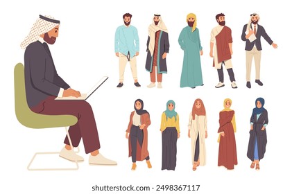 Young arabic men and women cartoon characters wearing trendy fashion cloths in traditional style