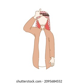 Young Arabic sad man showing L sign on head with finger. Trendy Islamic sad male making loser sign by gesturing hand over head. Isolated flat cartoon vector illustration on white background.
