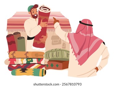 Young arabic salesman selling traditional oriental handcraft ornamental carpets at eastern fair local street market vector illustration. National middle-east authentic souk with handmade goods