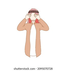 Young Arabic stylish smiling man show covering eyes with two hands concept. Trendy Islamic male show don't see concept. Isolated flat vector illustration on white background
