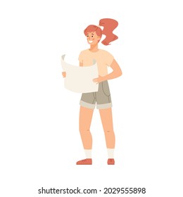 Young archaeologist scientist or student female cartoon character standing holding plan of excavating, flat vector illustration isolated on white background.