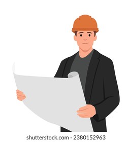 Young architect builder studying layout plan of the rooms, serious civil engineer working with documents on construction site. Flat vector illustration isolated on white background