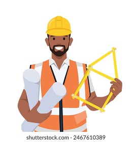 Young architect builder worker. construction engineer. man wearing helmet. Flat vector illustration isolated on white background