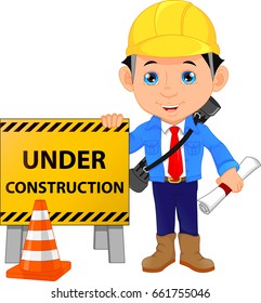 young architect cartoon with under construction sign
