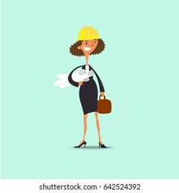 Young architect, at the construction site, wearing a hard hat. Vector.