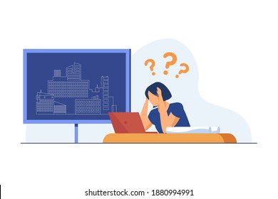 Young architect having troubles with building projects. Architecture college student flat vector illustration. Challenge, difficult task concept for banner, website design or landing web page