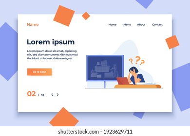 Young architect having troubles with building projects. Architecture college student flat vector illustration. Challenge, difficult task concept for banner, website design or landing web page