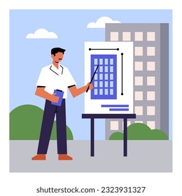 Young architect in office clothes standing near building project. Architectural plan presentation. Construction and repair concept. Flat vector illustration in blue and green colors