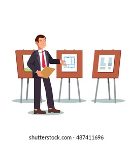 Young architect and presenter showing his project blueprints and floor plans on a presentation boards easels. Modern flat style vector illustration isolated on white background.