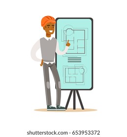 Young architect showing his project blueprints and floor plans on a presentation board, colorful character vector Illustration