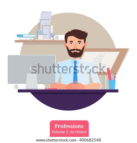Young architect in suit sitting at the desk with new building project