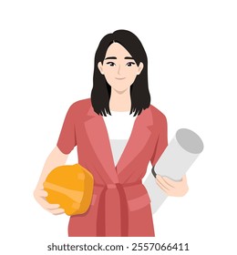 Young architect woman carrying blueprint paper for the building work plan. Flat vector Character Illustration