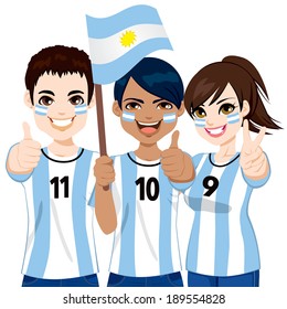 Young Argentinian soccer fans cheering their Argentina national football team