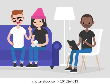 Young arguing couple visiting a psychotherapist. Mental health care. Relationships. Doctor listening and making notes. Psychotherapy. Flat vector illustration, clip art