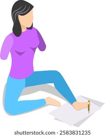 Young armless woman sitting on floor writing with foot holding pen on paper sheet, showing adaptation, ability and resourcefulness in overcoming physical limitations